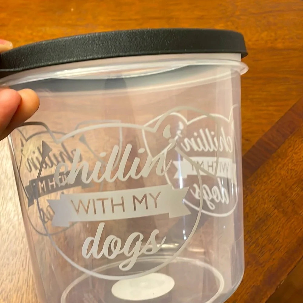 New two large dog bowls, one pet food jar, one small pet food jar